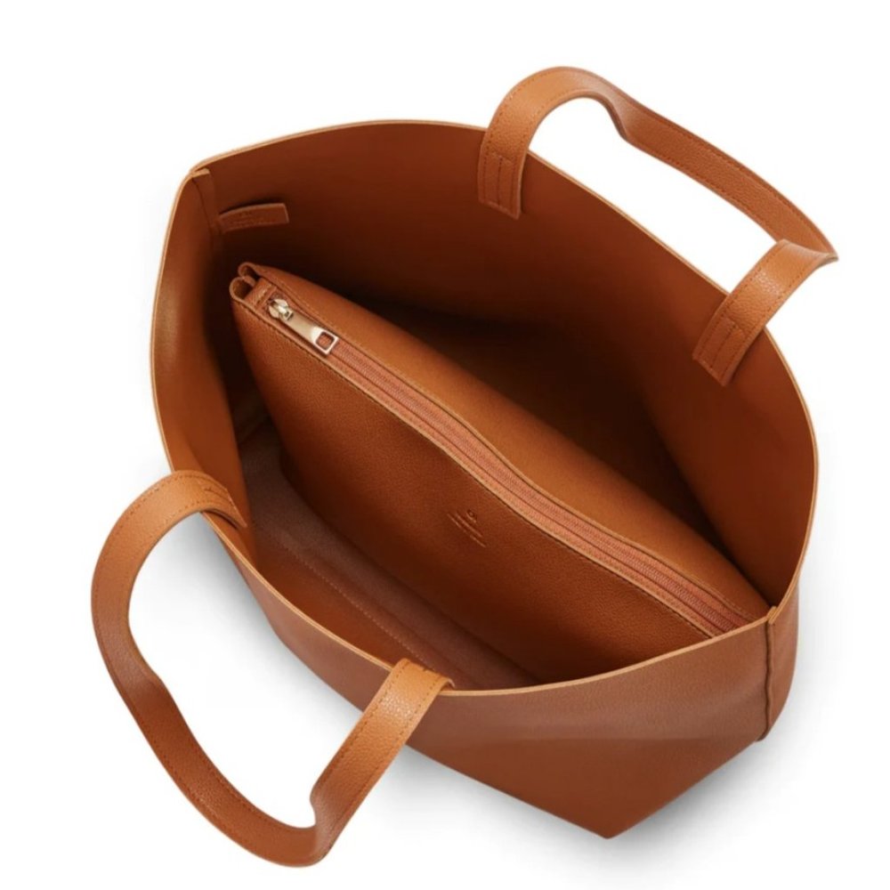 Artisan vegan leather tote with clutch, brown